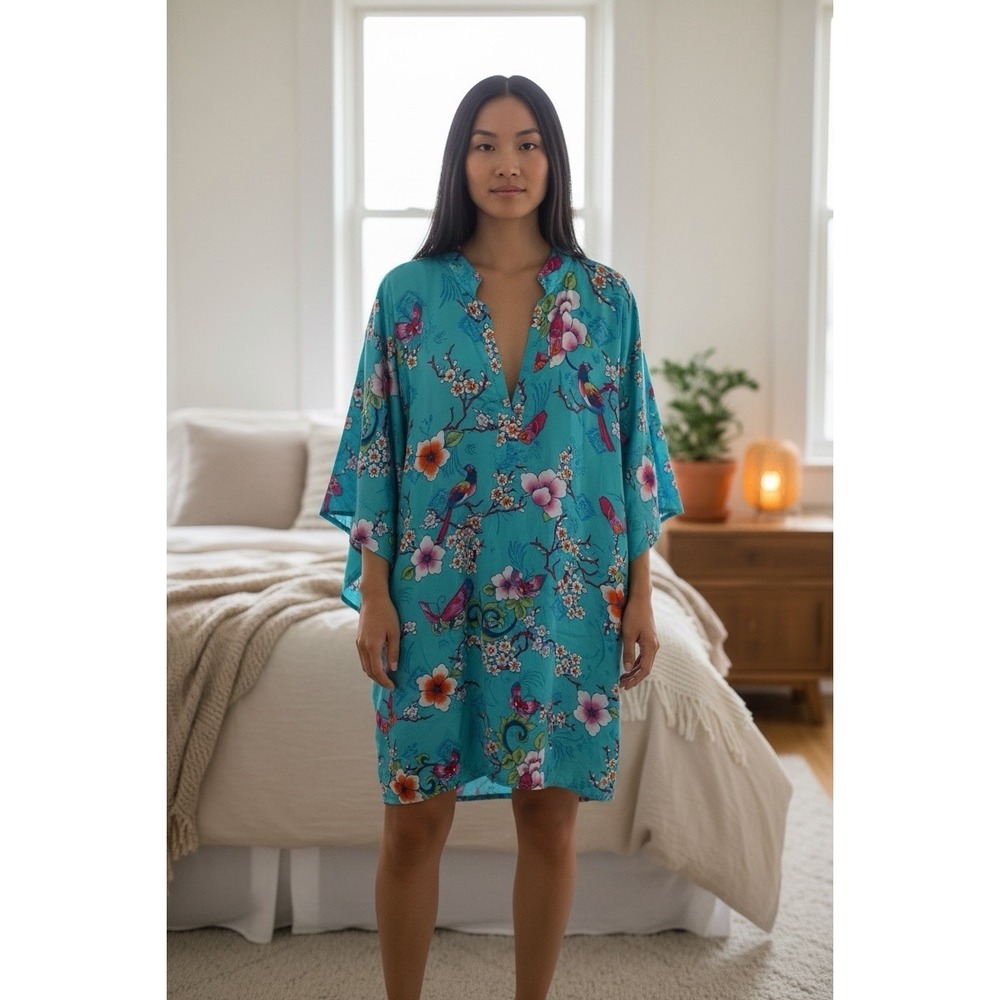 Natori Size XL Turquoise Cherry Blossom Kimono Sleeve Night Lounge Dress
